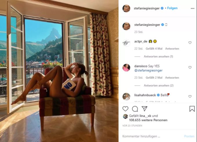 Der Instagram-Post von Stefanie Giesinger mit dem sonnenbestrahlten Matterhorn im Hintergrund. Influencer Zermatt Hotel