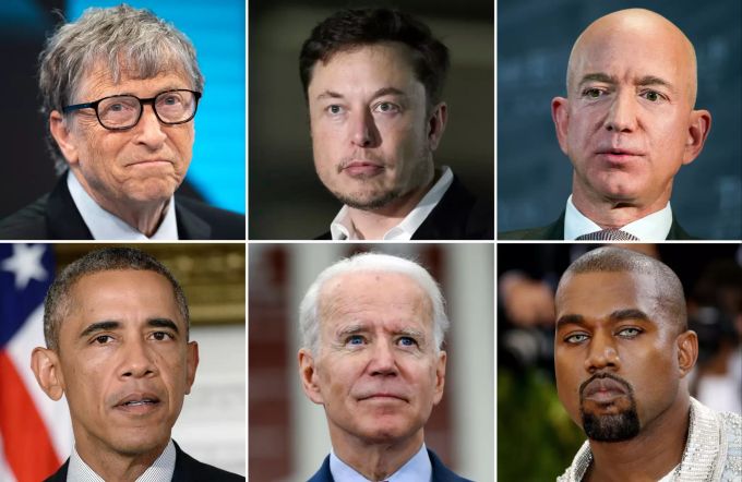 Die Bildkombo zeigt Microsoft-Gründer Bill Gates, Tesla-Chef Elon Musk, Amazon-Gründer Jeff Bezos, den damaligen US-Präsidenten Barack Obama, Präsidentschaftskandidat Joe Biden und Rapper Kanye West (im Uhrzeigersinn). In einer beispiellosen Hacker-Attacke auf Twitter ist es Unbekannten gelungen, Werbung für einen Bitcoin-Betrug über Profile von Prominenten zu verbreiten. Foto: ---/dpa +++ dpa-Bildfunk +++ Twitter-Hack auf Prominenten-Accounts