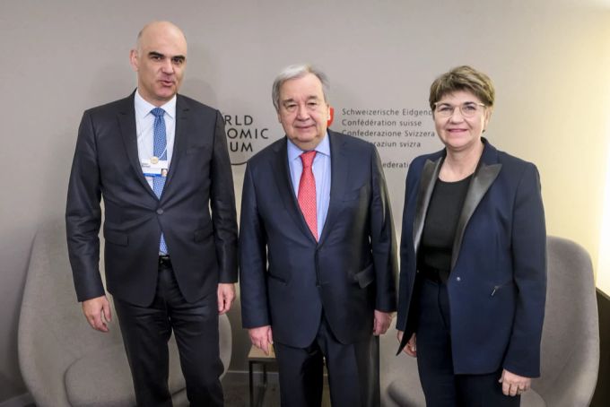 Bundesrat Alain Berset (l), UN-Generalsekretär Antonio Guterres und Bundesrätin Viola Amherd am WEF. amherd