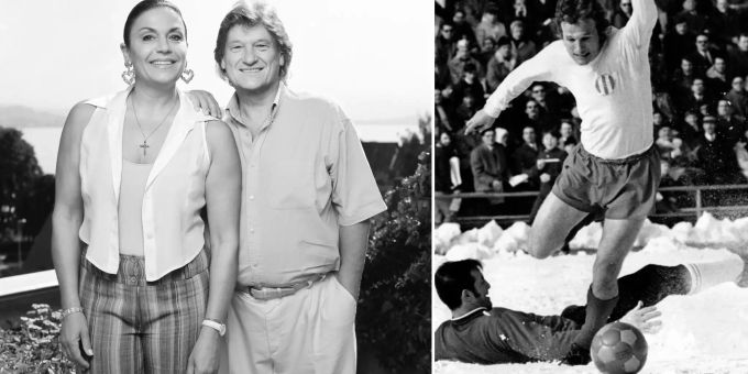 Links: Fritz Künzli im Jahr 2004 mit Partnerin Monika Kaelin. Rechts: Fritz Künzli 1970 im Einsatz für den FCZ im verschneiten Letzigrund-Stadion. Fritz Künzli FCZ