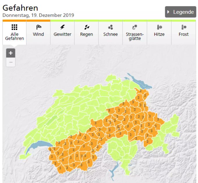 Die Gefahrenkarte der Schweiz für Donnerstag. sturmwarnung
