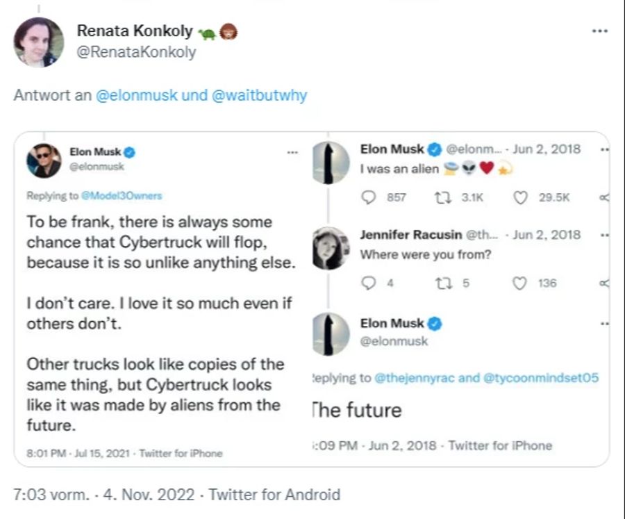 Eine Userin repostet alte Tweets von Elon Musk.