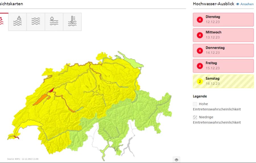 Wegen des starken Regens gilt für viele Schweizer Gewässer eine Hochwasserwarnung.