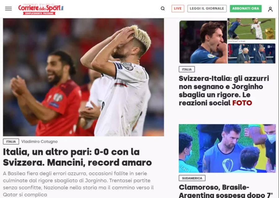 «Italien mit einem weiteren Gleichstand: 0:0 gegen die Schweiz. Mancini feiert einen bitteren Rekord», titelt die «Corriere dello Sport».