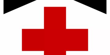 Rotes Kreuz und schwarzes Dach auf weissem Grund