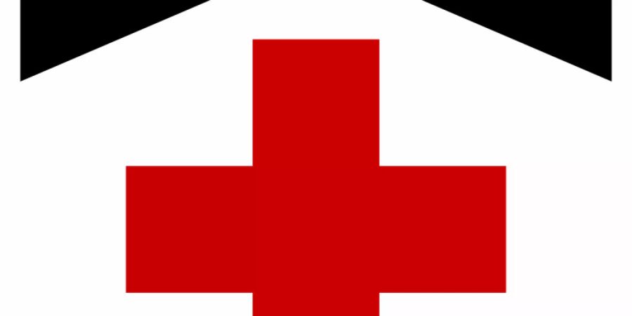Rotes Kreuz und schwarzes Dach auf weissem Grund