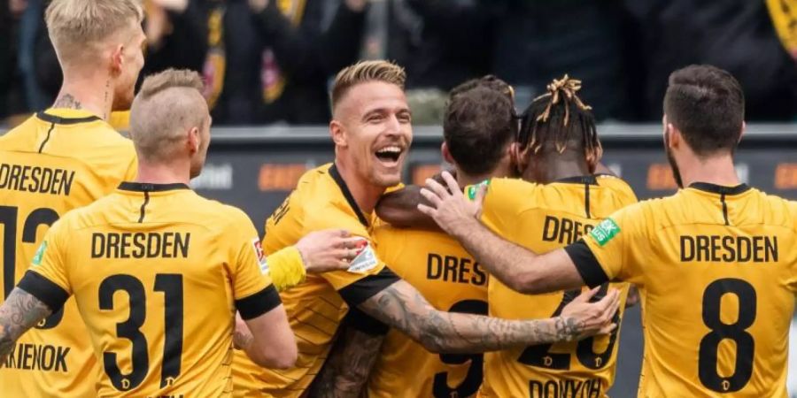 Dynamo Dresden setzte sich gegen den FC Erzgebirge Aue durch. Foto: Robert Michael/dpa-Zentralbild/dpa