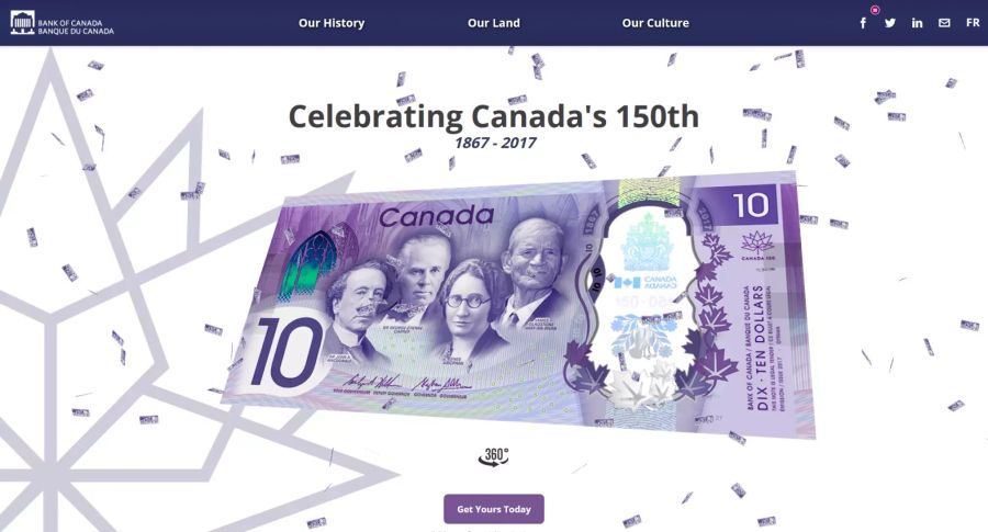 Auf der Jubiläumsseite für den 150. Geburtstag der Bank of Canada regnet es Dollarscheine und die kanadische Nationalhymne erklingt.