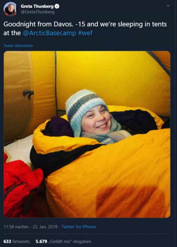 Greta Thunberg grüsste letztes Jahr aus einem Zelt des «Arctic Basecamp». Greta Thunberg WEF