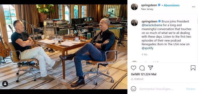 Bruce Springsteen und Barack Obama nehmen gemeinsam ihren Podcast auf. barack obama