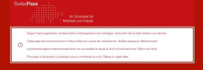 Diese Fehlermeldung erscheint beim Anmeldeversuch. SBB Störung