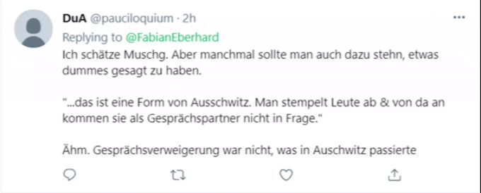 «Gesprächsverweigerung war nicht, was in Auschwitz passierte», schreibt jemand. Muschg Kritik