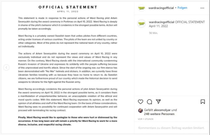 Das Ward Racing Team trennt sich mit sofortiger Wirkung von Artyom Severyukhin. Ward Racing Artyom Severyukhin