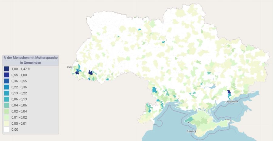 Anteil der Menschen mit Muttersprache Deutsch in den Gemeinden der Ukraine, Stand 2001.