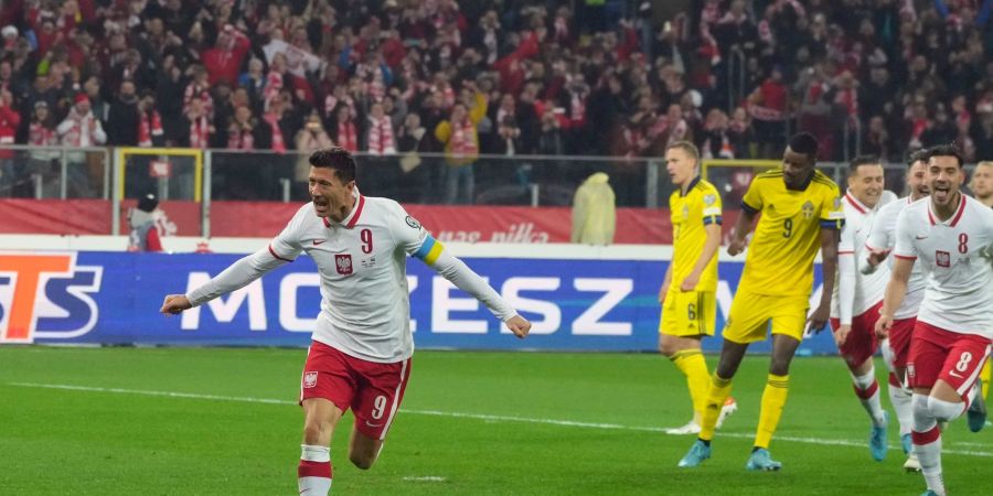 Robert Lewandowski (l) jubelt nach dem Tor zum 1:0 für Polen gegen Schweden.