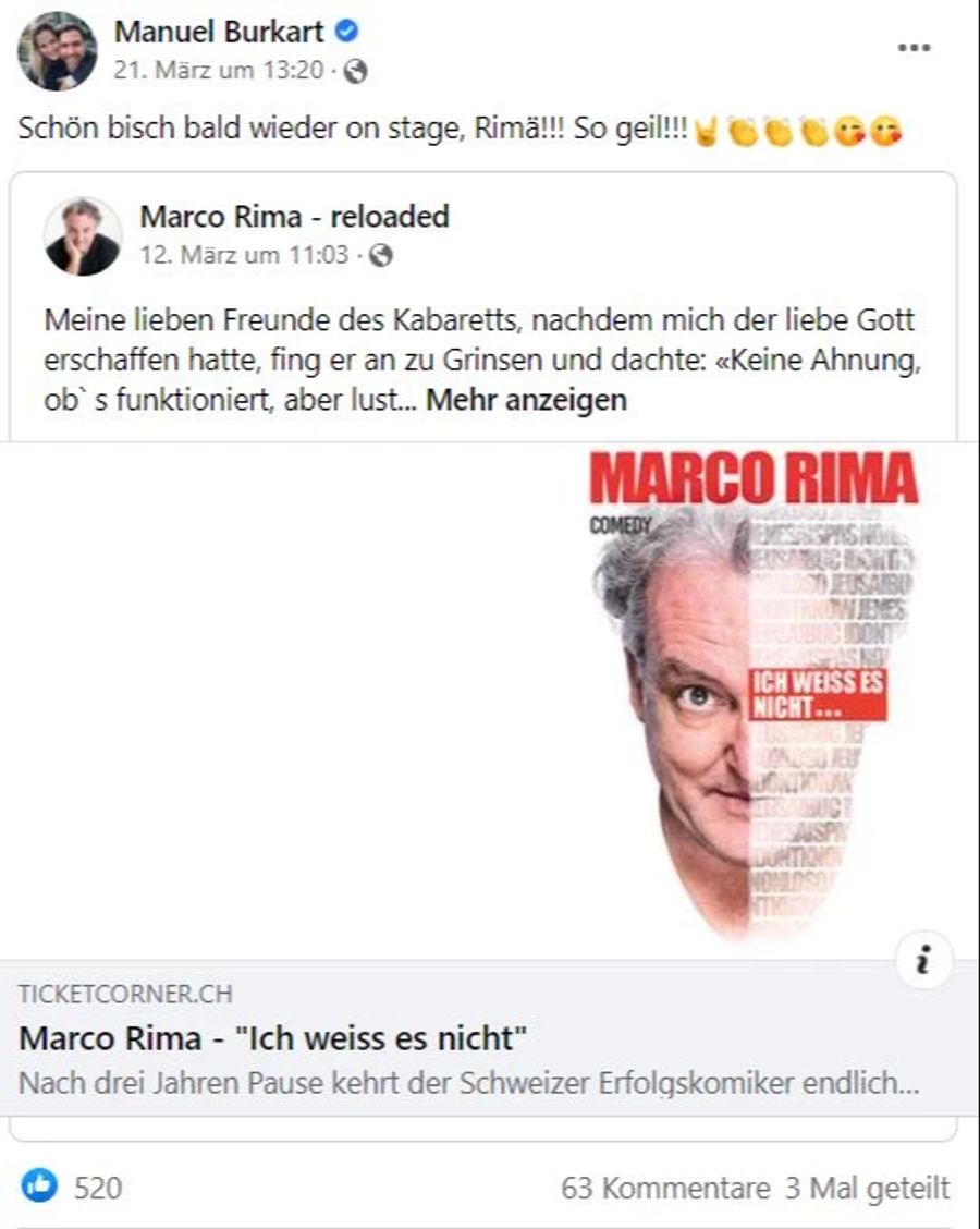 Manu Burkart jubelt über das Comeback von Marco Rima.