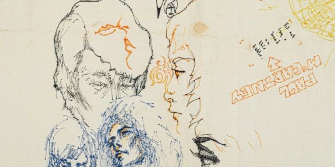 Tischdecke mit Zeichnungen der Beatles-Mitglieder Tischdecke mit Zeichnungen der Beatles-Mitglieder