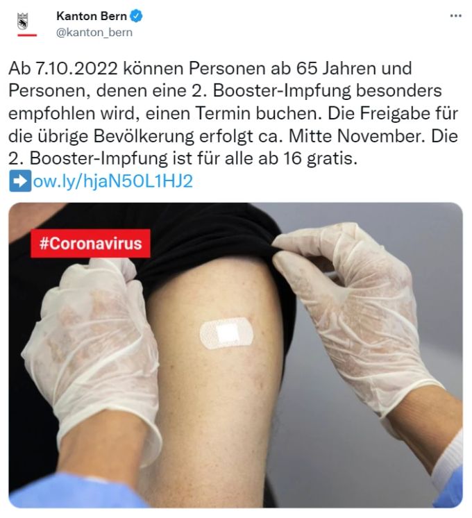 Der Kanton Bern staffelt die Vergabe von Terminen für die zweite Booster-Impfung gegen das Coronavirus. Kanton Bern Booster Staffelung