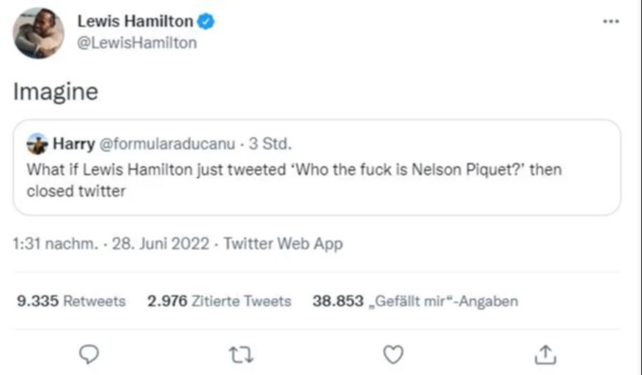 Lewis Hamilton retweetet einen spitzen Kommentar, der sich gegen Nelson Piquet richtet.