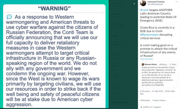 Ein User teilte das Statement der Conti-Gruppe auf Twitter. ransomware