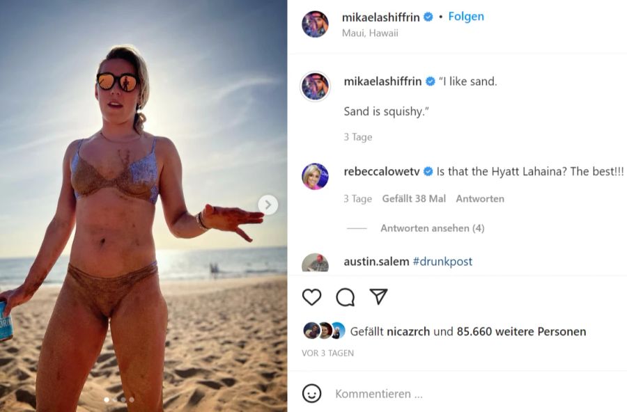 «Ich mag Sand», schreibt Shiffrin zu diesem Post.