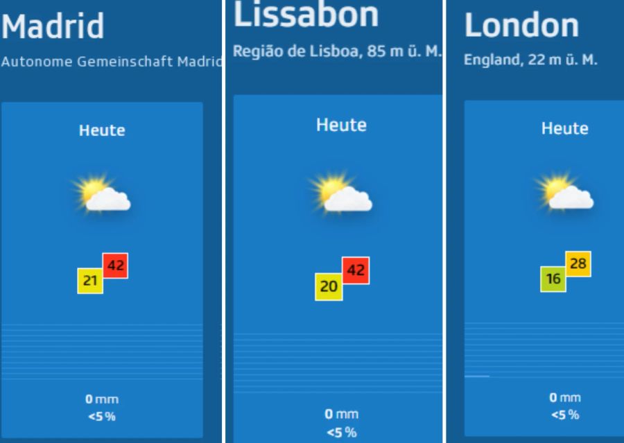 In Madrid und Lissabon werden Temperaturen von bis zu 42 Grad erwartet. In London wird es 28 Grad heiss.