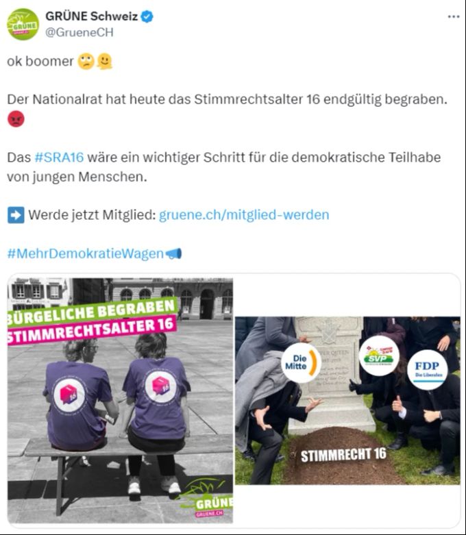 Die Grünen bedauern das Nein zum Stimmrechtsalter 16 auf X (vormals Twitter) und nutzen gleich die Gelegenheit zur Mitgliederwerbung. Grüne Stimmrechtsalter 16
