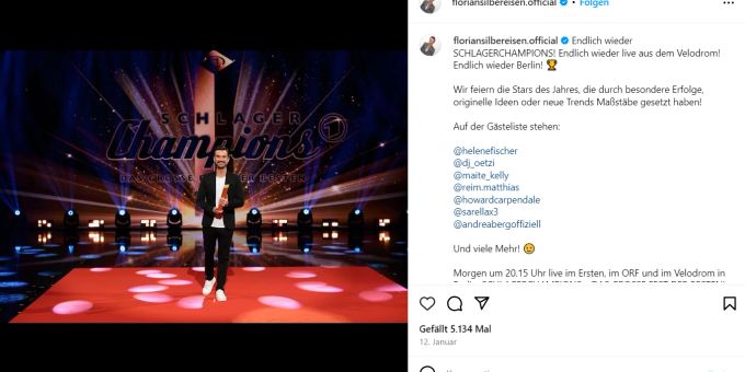Florian Silbereisen hier bei einer Veranstaltung im Jänner in Berlin. Vielleicht steht er bald wieder mit Beatrice Egli auf der Bühne. (Screenshot) Florian Silbereisen