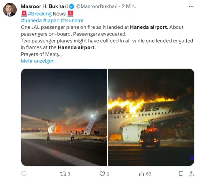 Bilder zeigen, wie die Passagiere das brennende Flugzeug verlassen. Flughafen