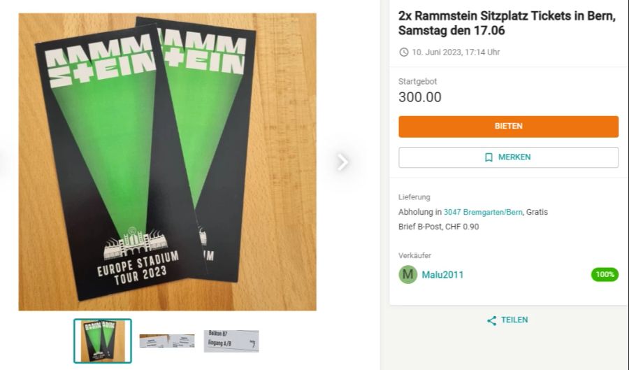 Auf Ricardo werden Rammstein-Tickets verkauft.