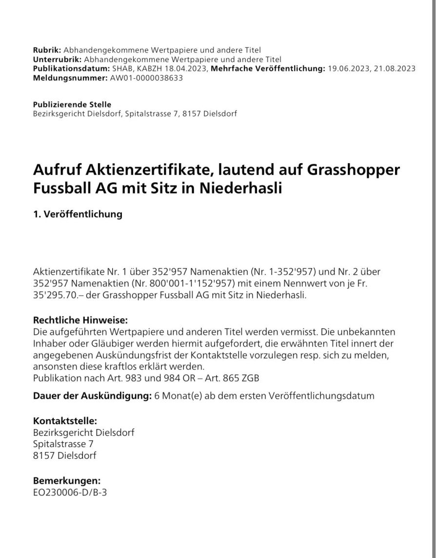 Mit diesem Aufruf sucht die Grasshopper Fussball AG zwei Aktienzertifikate.