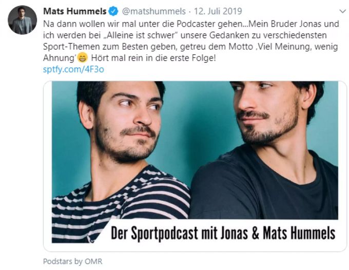 Seit Juli 2019 führen Mats Hummels vom BVB und sein Bruder Jonas einen Podcast. BVB