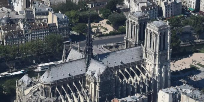 Notre-Dame vor dem Brand mit dem Spitzturm auf dem Dach Notre-Dame vor dem Brand mit dem Spitzturm auf dem Dach