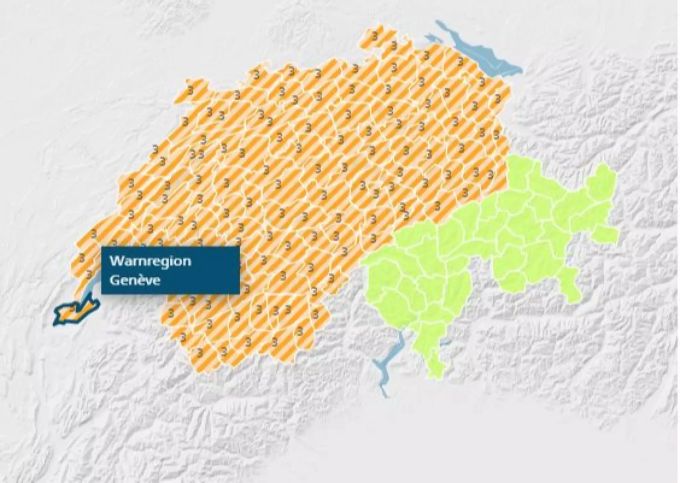Die Gefahrenkarte von MeteoSchweiz zeigt flächendeckend die Gewitterwarnstufe 3. Wetter