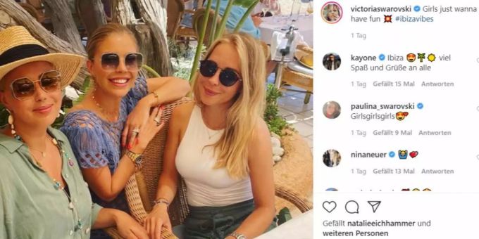 Victoria Swarowski (M.) und Busenfreundin Nina Neuer (r.) geniessen die Zeit auf einer Mega-Yacht im Mittelmeer. nina neuer ibiza