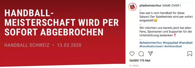 Pfadi Winterthur bedankte sich via Instagram bei Sponsoren und Fans. Coronavirus