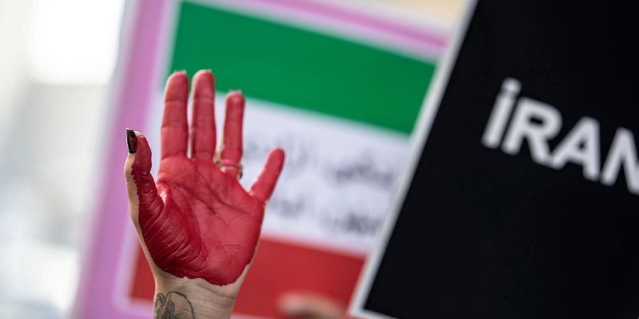 Eine rot bemalte Hand einer Frau erhebt sich zwischen Plakaten während einer Demonstration.