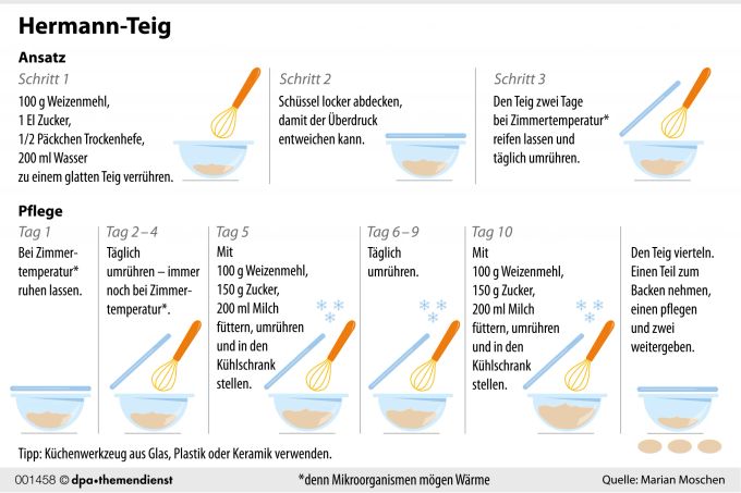 Dank Hefe gelingsicher: Den süssen Sauerteig, den man auch als Hermann kennt, kann man selbst heranzüchten. Nach zehn Tagen ist er reif zum Backen und Verschenken. Grafi Hermann Teig anrichten Schüssel