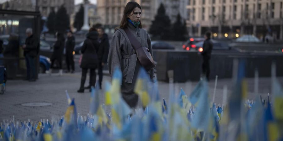 Eine Frau betrachtet die ukrainischen Flaggen, die zum Gedenken an die Gefallenen des Krieges in der Nähe des Maidan-Platzes im Zentrum von Kiew aufgestellt wurden. Foto: Daniel Cole/AP/dpa