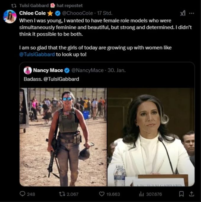Online repostet Tulsi Gabbard Einträge, die sie als Vorbild feiern. Tulsi Gabbard Twitter