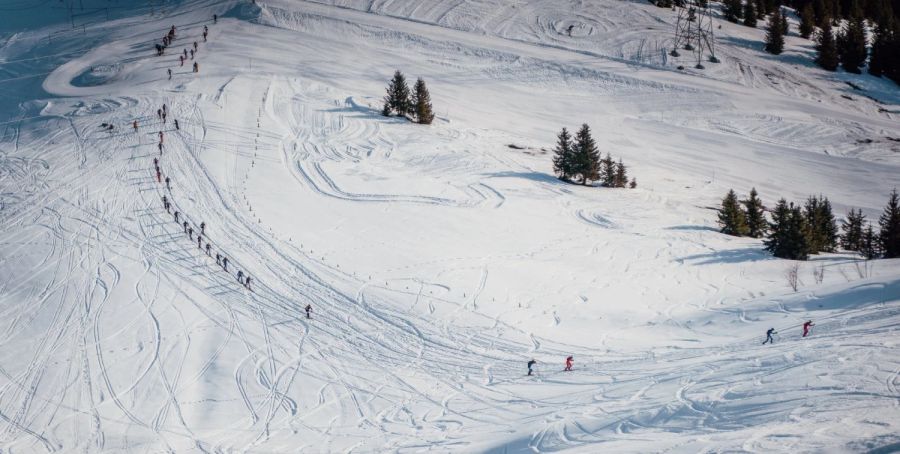 Schnee Skifahrer Piste Panoramaansicht