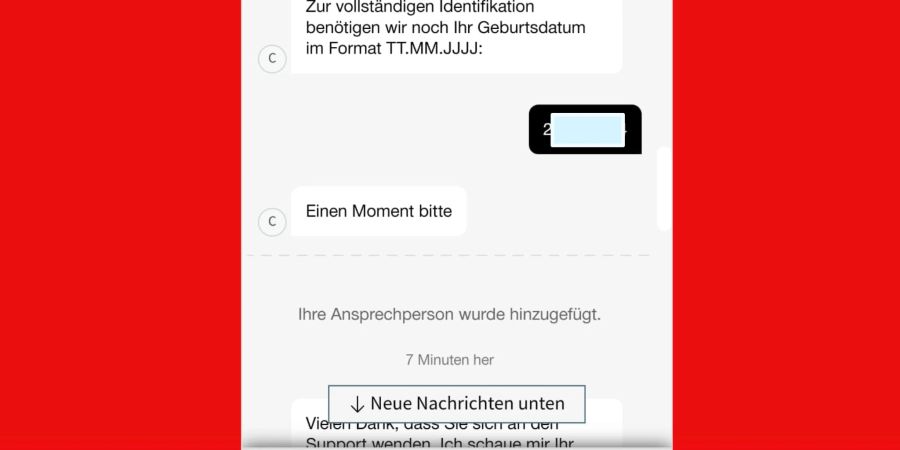 Manuel chattet mit der SBB, gibt erst die persönlichen Angaben an. Weil seine Frage zu komplex für die KI ist, wird eine «Ansprechperson» hinzugefügt.