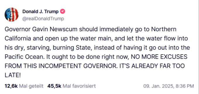 Trump bezeichnete Gouverneur von Kalifornien, Gavin Newsom, als inkompetent und fordert ihn gar zum Rücktritt auf. kalifornien trump