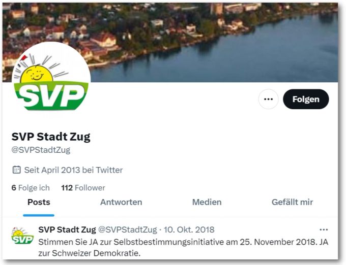 Das X-Profil der SVP Stadt Zug zeigt: Wenige Follower und schon lange nichts mehr gepostet. SVP Stadt Zug