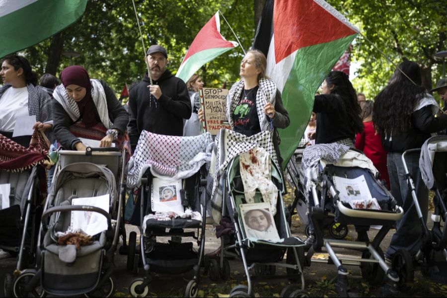 Viele Frauen bringen Kinderwagen mit. Darin legen sie Fotos verstorbener palästinensischer Kinder.