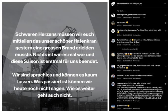 Nach einem Feuer im beliebten Eventlokan Hafenkran in Basel sind viele Menschen traurig und betroffen. hafenkran