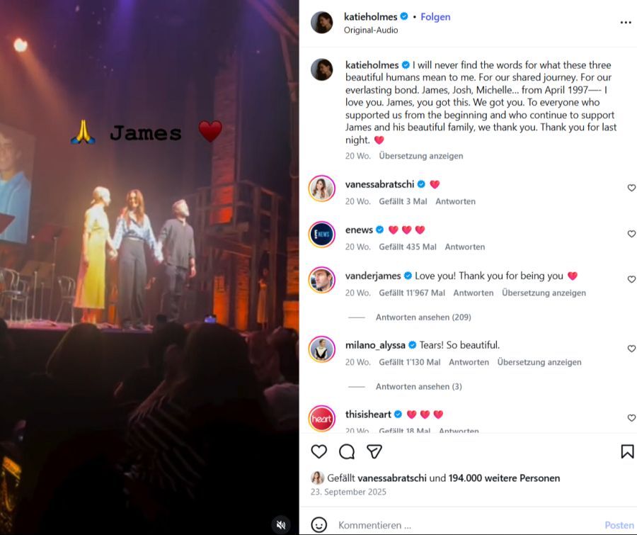 Schauspielerin Katie Holmes postete Ende September 2025 auf ihrem Instagram über den berührenden Anlass. Sie schrieb: «James, du schaffst das. Wir stehen hinter dir.»