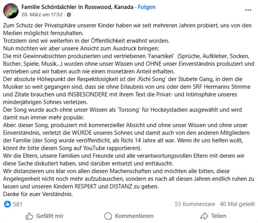 Mit diesem Post wandte sich die Familie Schönbächler kürzlich an die Öffentlichkeit.