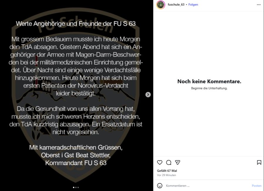 Kommandant Beat Stettler sagt den Besuchstag auf Instagram ab.