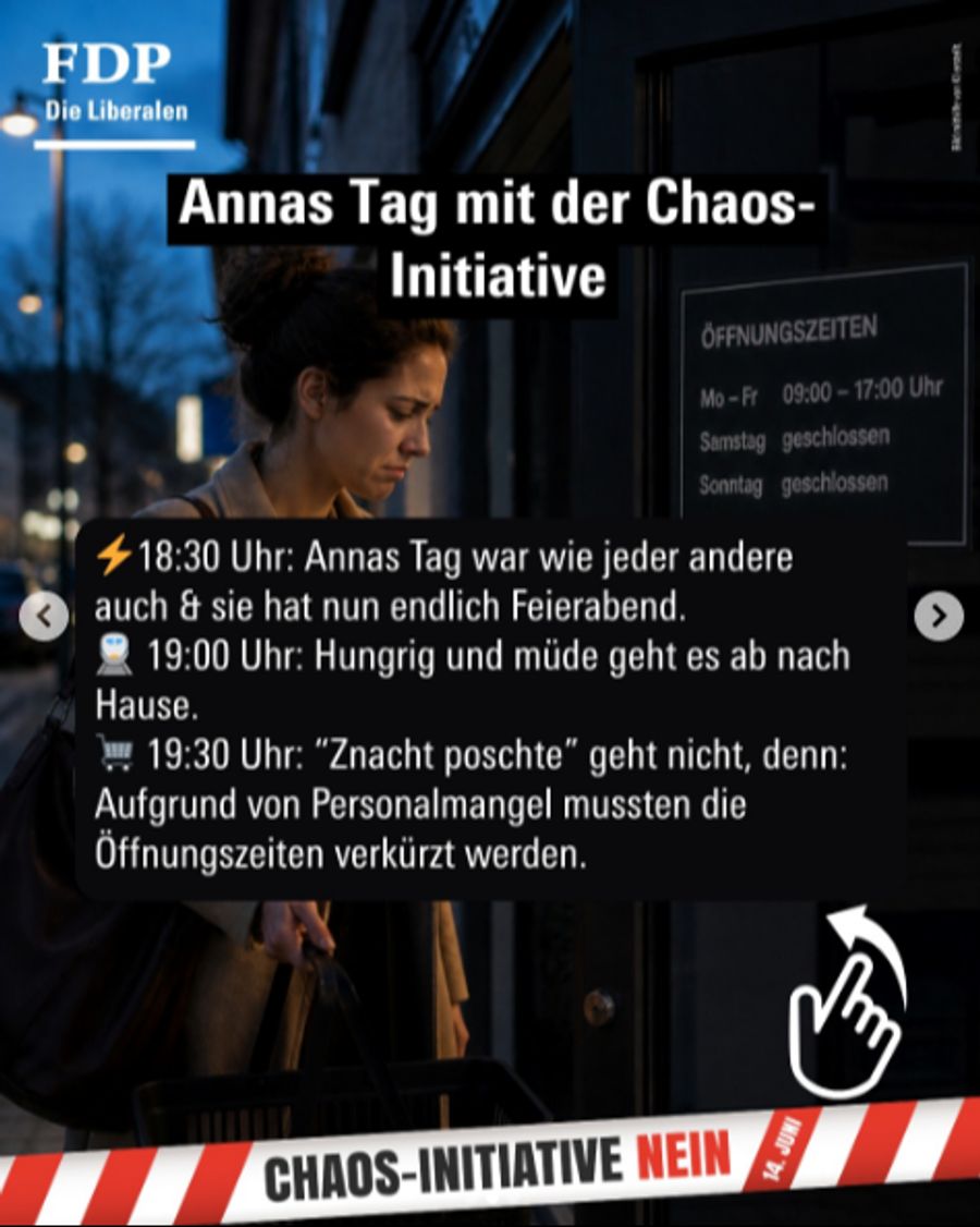 Würde die Initiative angenommen, wären die Läden laut der Partei aufgrund von Personalmangel um 19.30 Uhr bereits geschlossen.